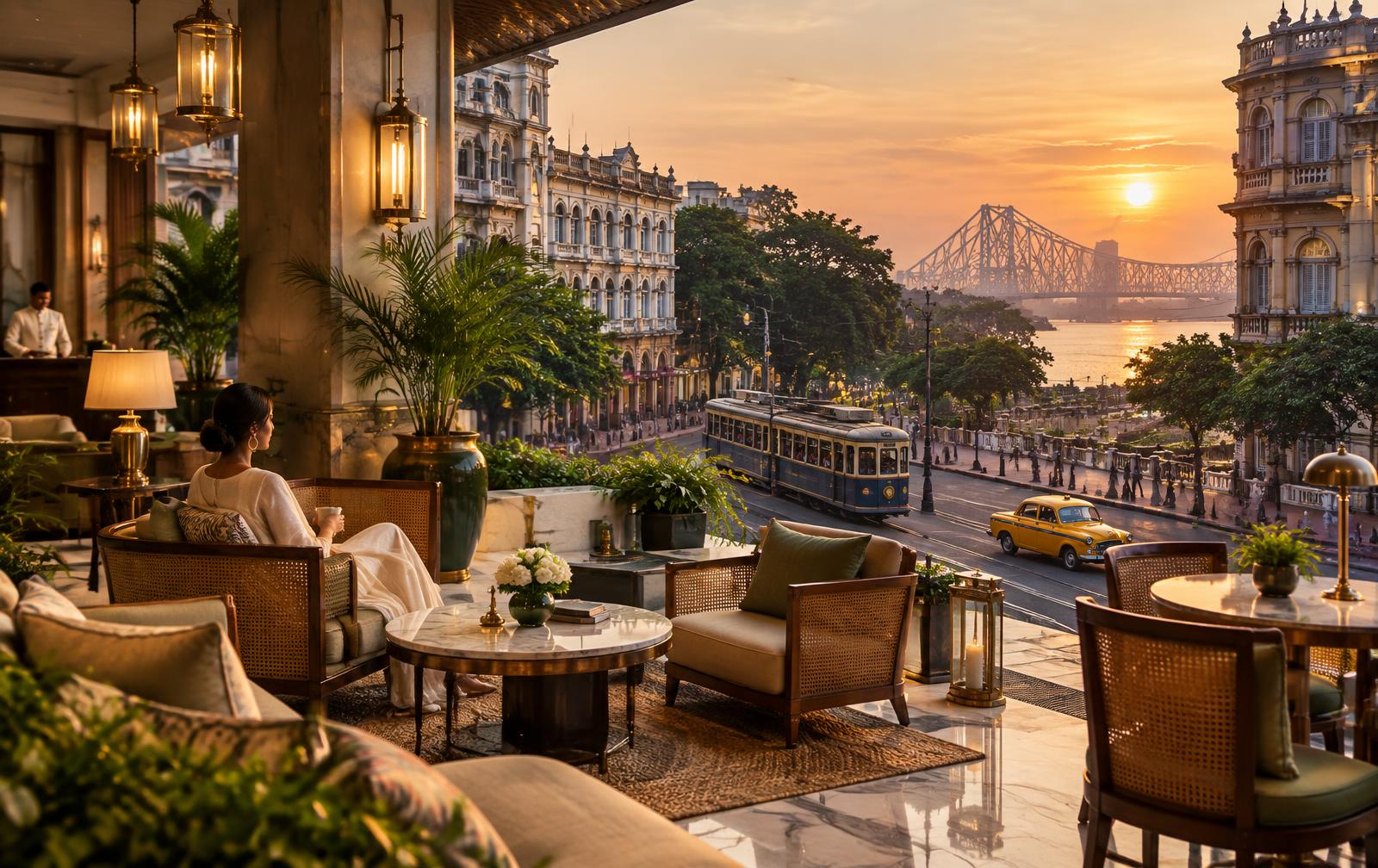 An elegant Kolkata hotel lounge overlooking the city at sunset